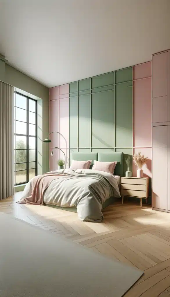 A minimalist green and pink bedroom