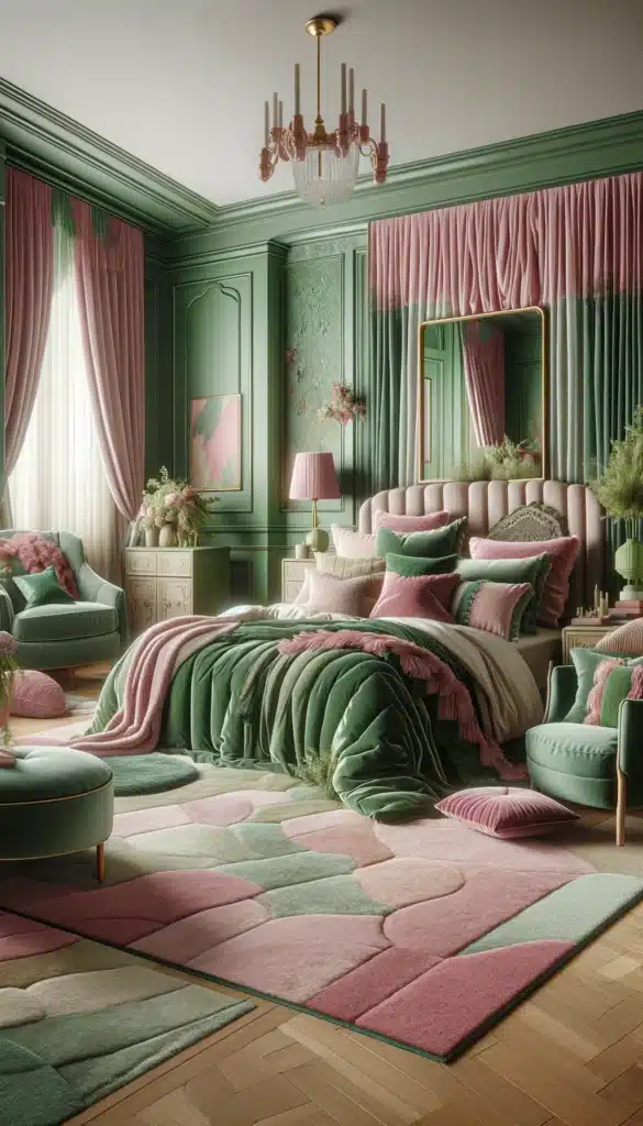 A pink and green bedroom with Plush Textiles
