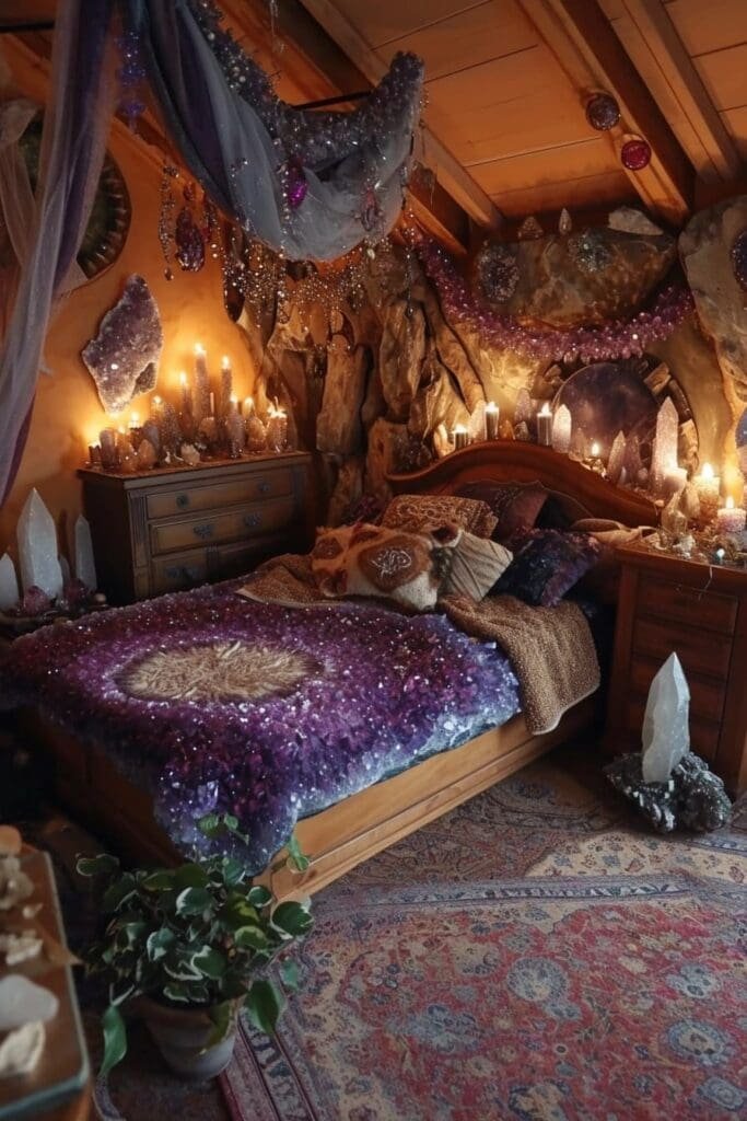 A witch bedroom with Crystals and Gemstones