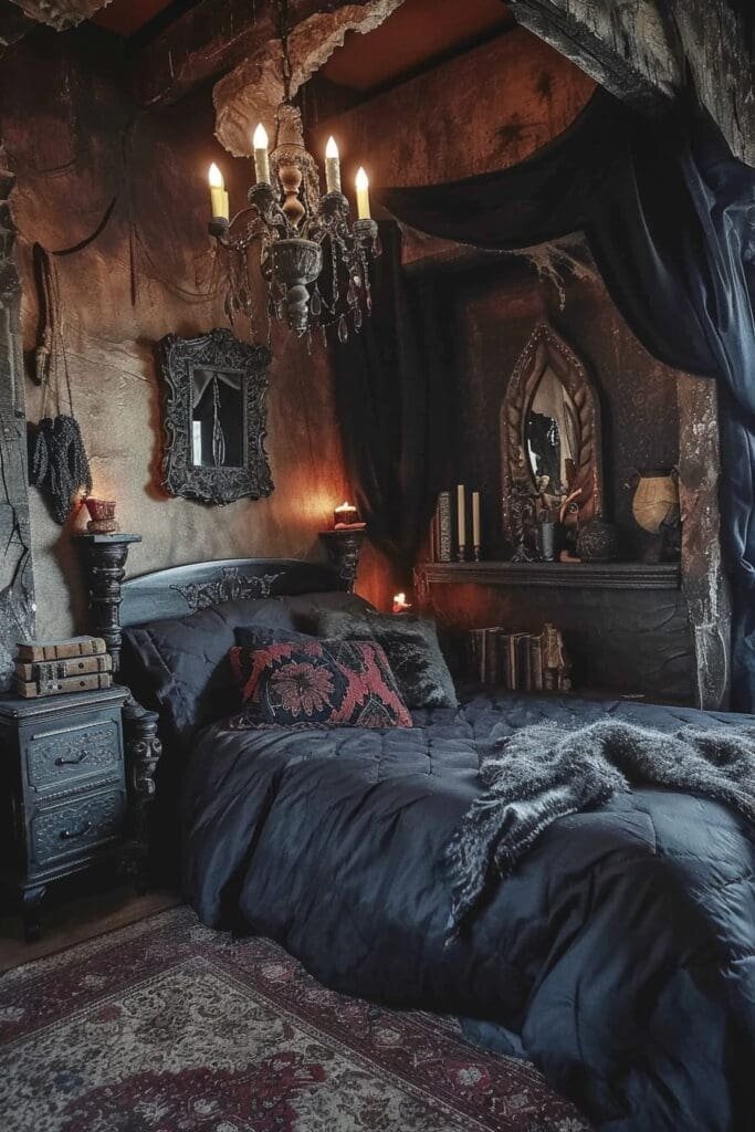 A witch bedroom with Dark with Bedding