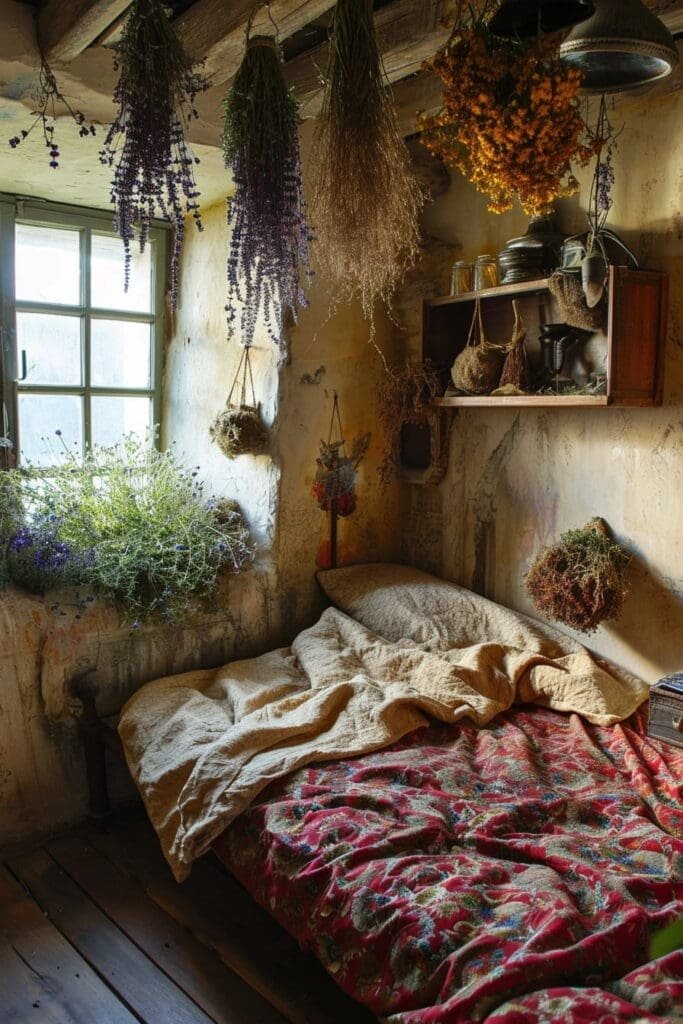 A witch bedroom with Hanging Dried Herbs