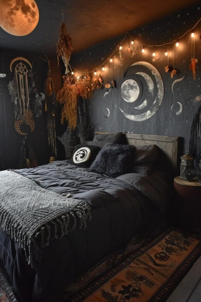 A witch bedroom with Hanging Moon Phase Wall Decor