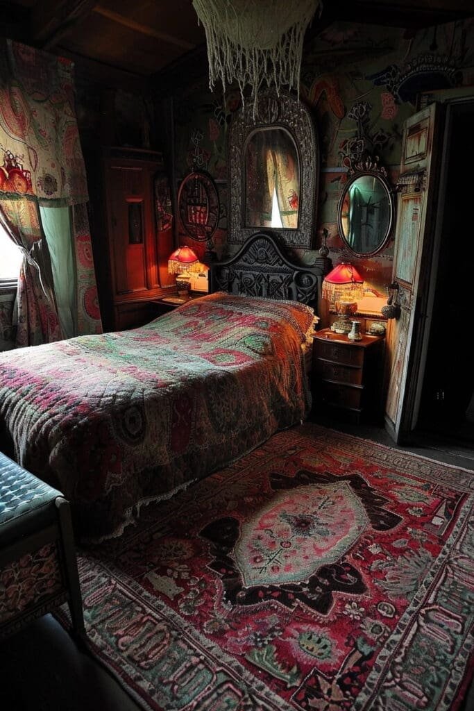 A witch bedroom with Intricate Rug