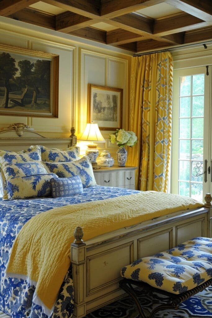 yellow and blue bedroom with Antique Touches