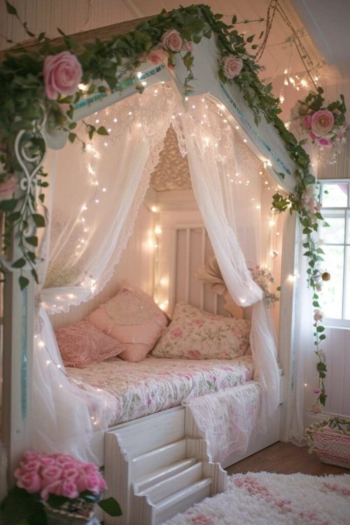 Tulle or Mosquito Netting over a fairy-themed bed