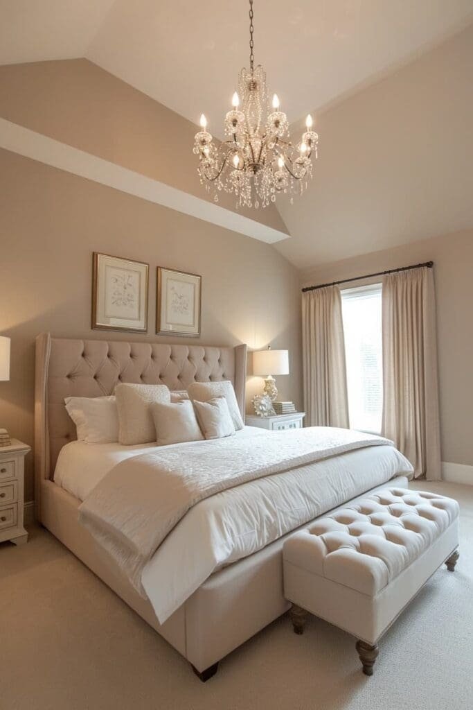 a tan bedroom with an Elegant Chandelier