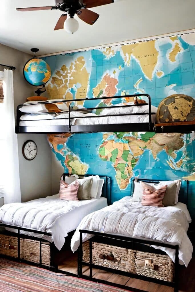 Adventure-Themed Small Shared Bedroom With Map Murals And Vintage Suitcases