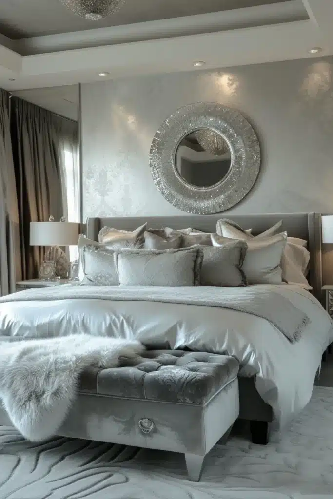 Bedroom decorated with silver mirrors