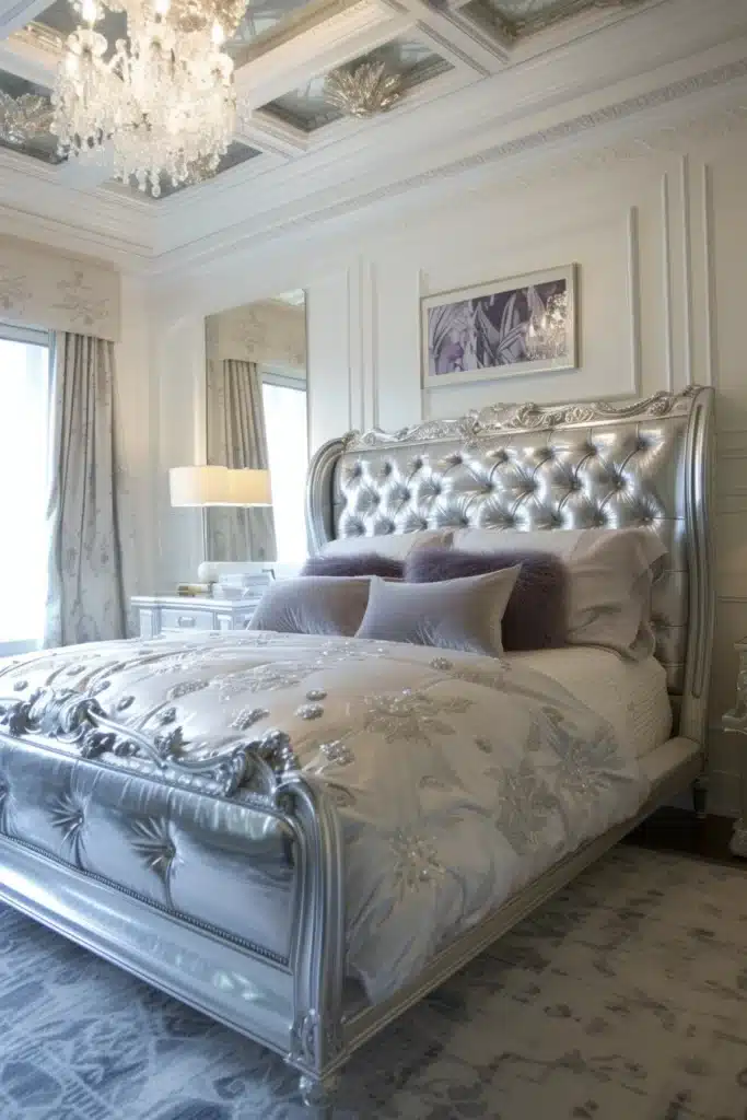 Bedroom featuring a silver bed frame