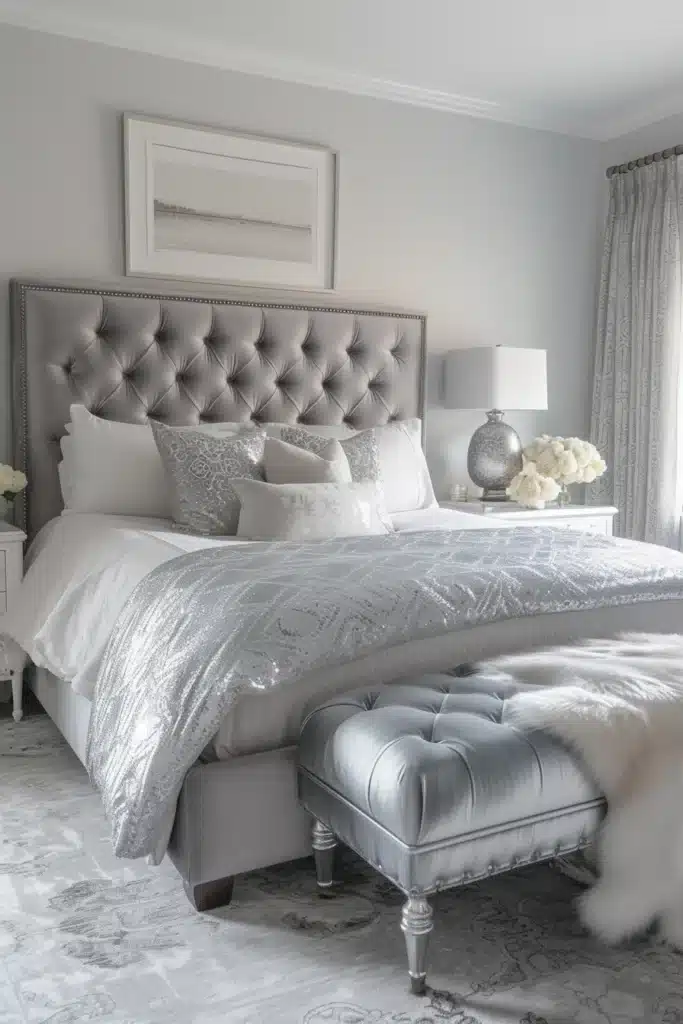 Bedroom featuring a silver ottoman