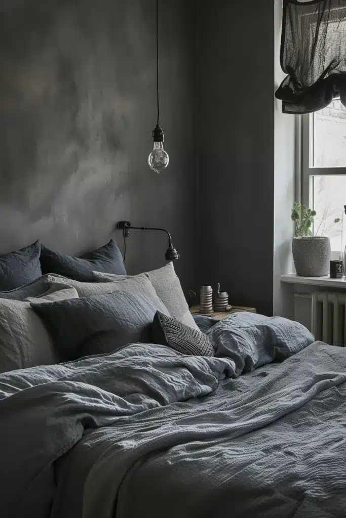 Bedroom layered with different shades of grey