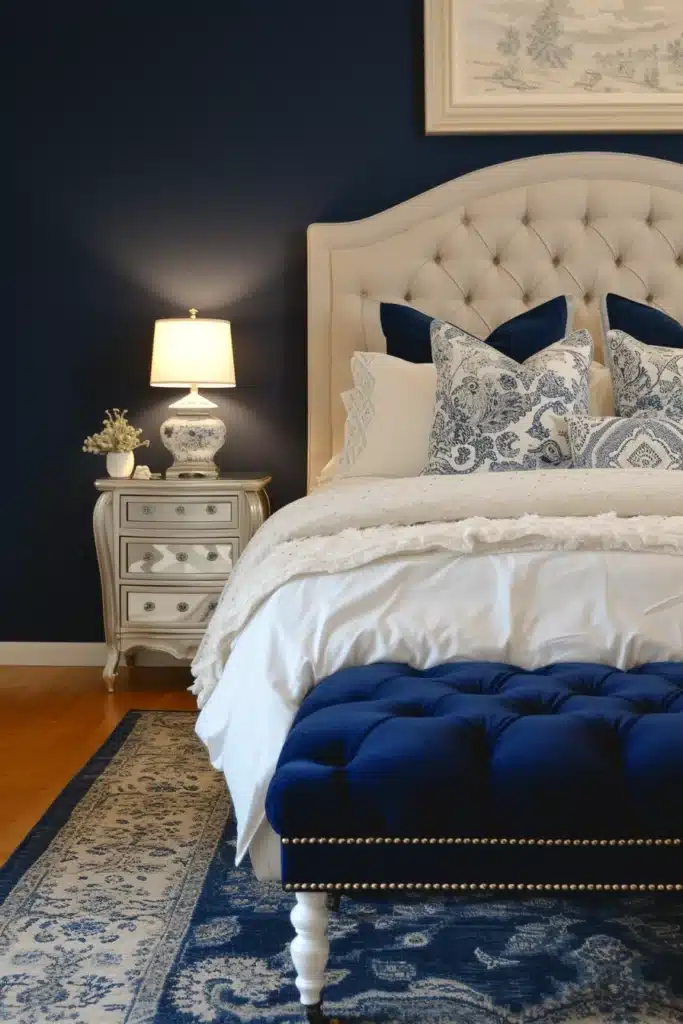 Bedroom pairing silver with navy blue