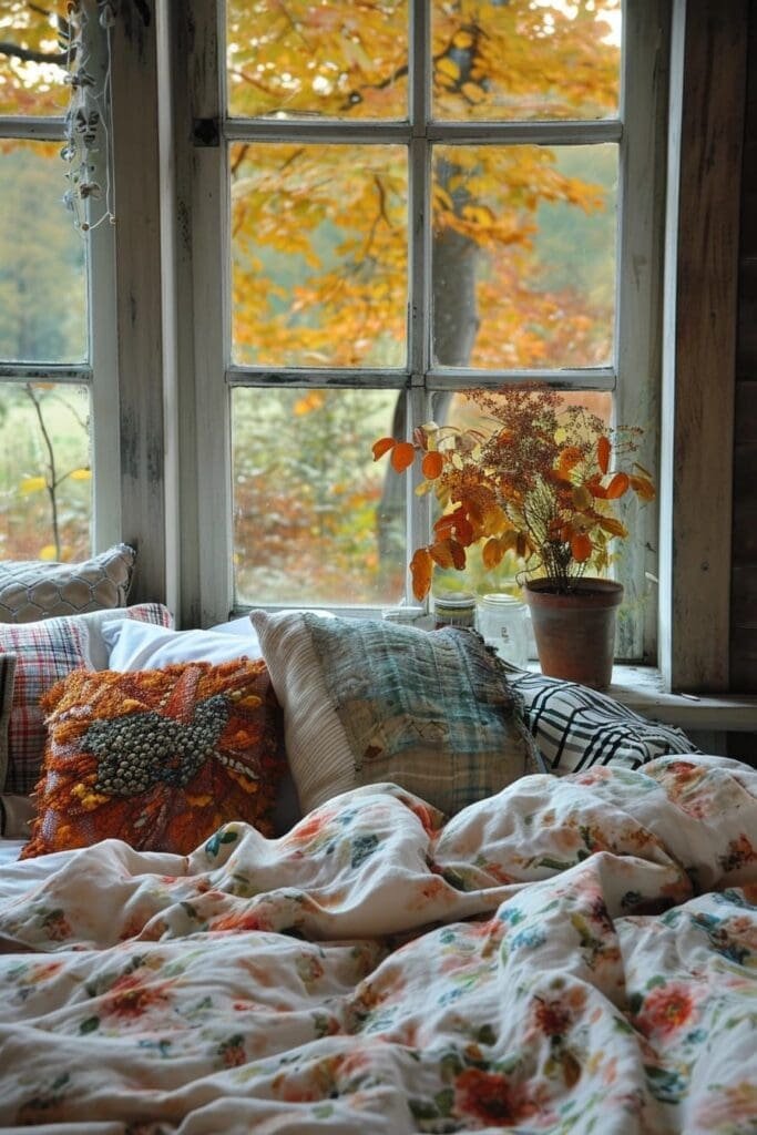 Bedroom window decorations with fall motifs