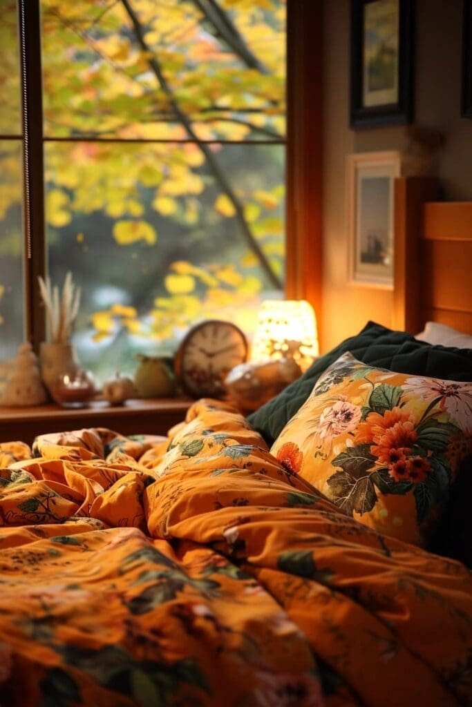 Bedroom with a fall-inspired bedding set