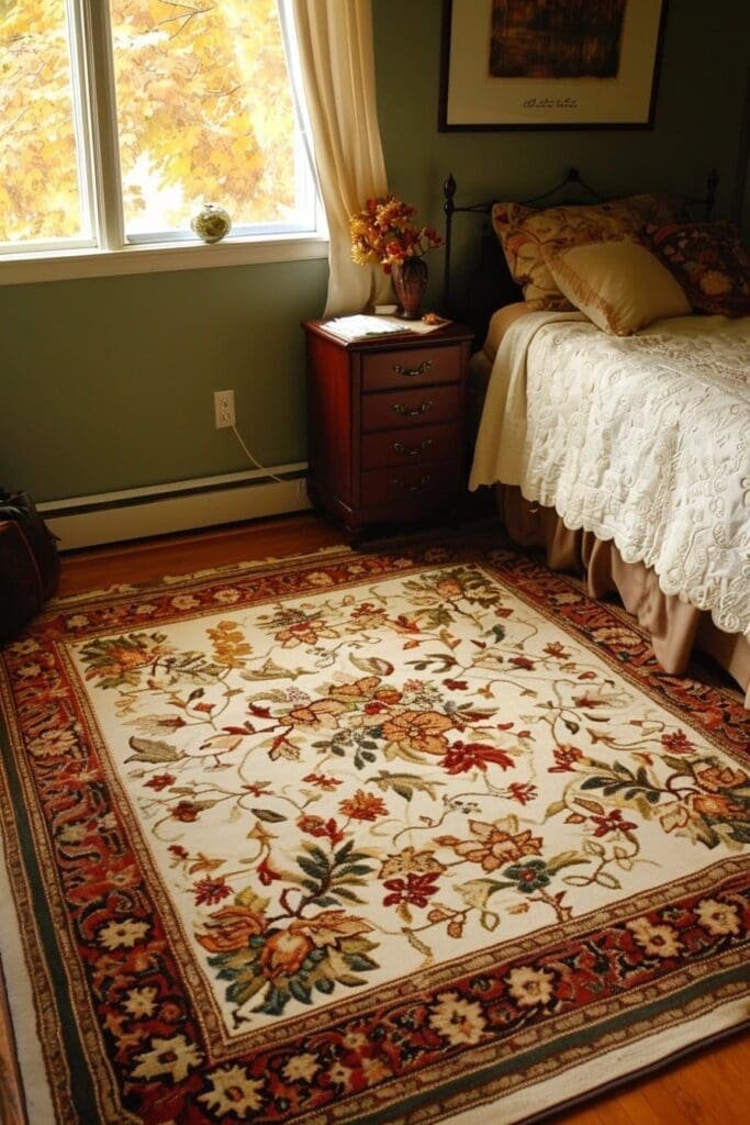 Bedroom with a fall-themed area rug
