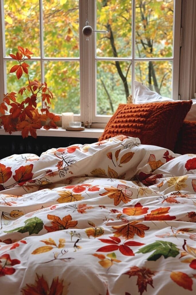 Bedroom with a fall-themed duvet cover