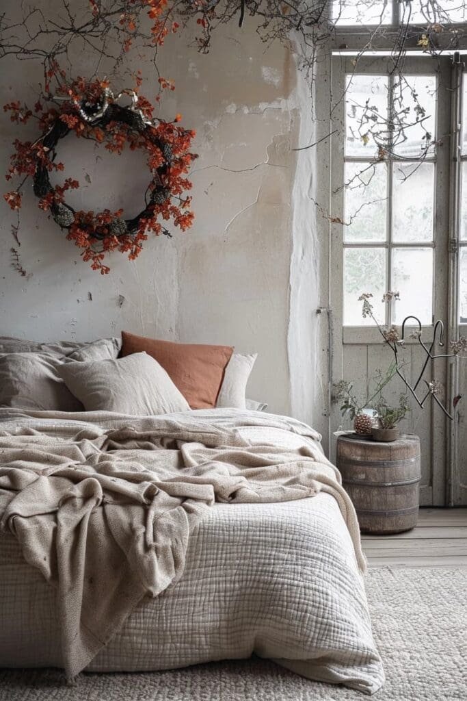Bedroom with a fall wreath
