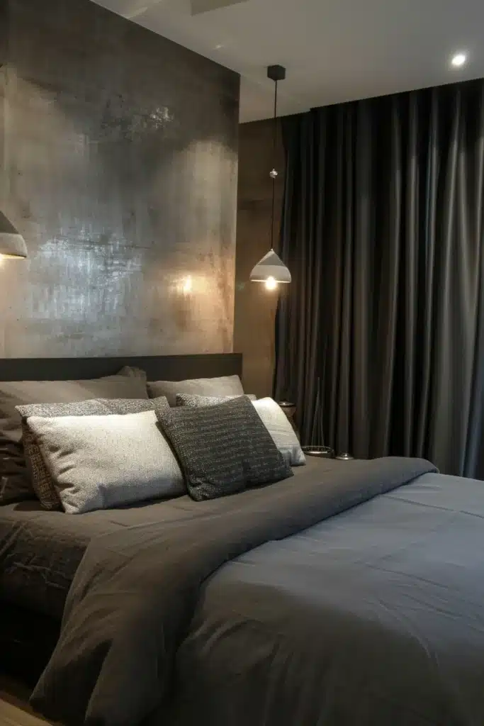 Bedroom with a silver focal wall