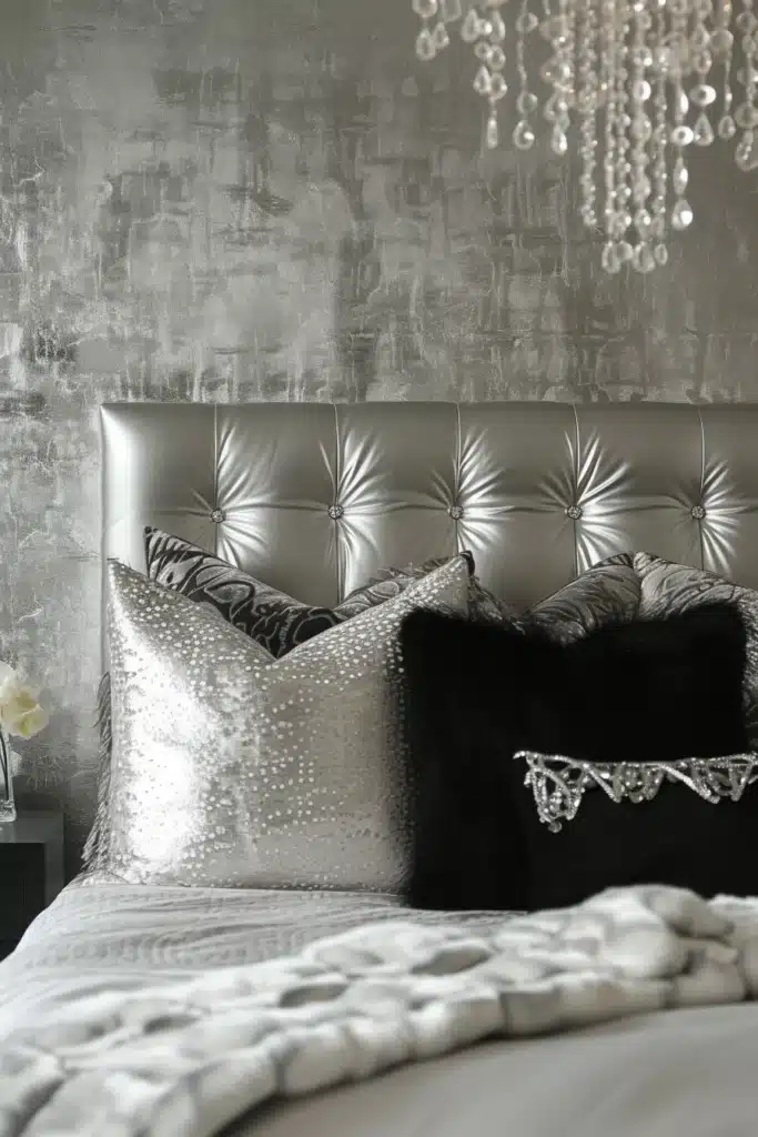 Bedroom with a silver headboard