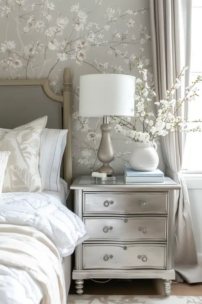 Bedroom with a silver nightstand