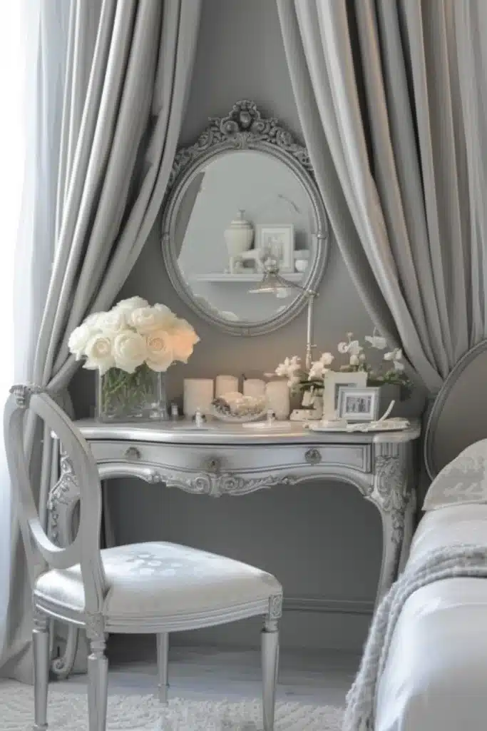 Bedroom with a silver vanity or desk