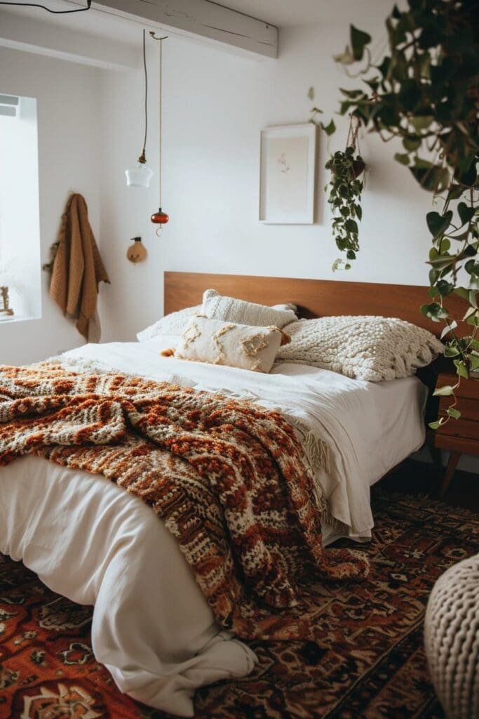 Bedroom with fall-inspired throw blankets