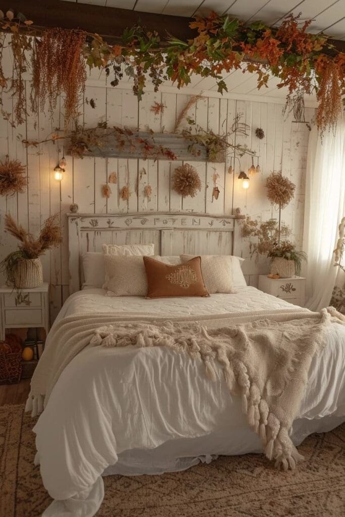 Bedroom with harvest-themed wall hangings