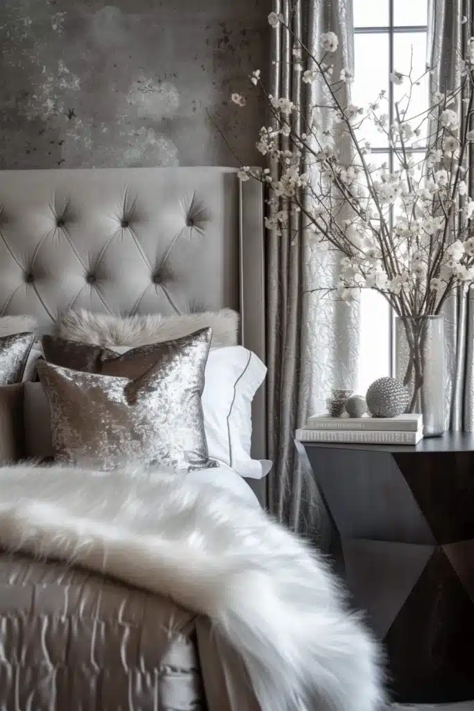 Bedroom with layered silver and soft textures
