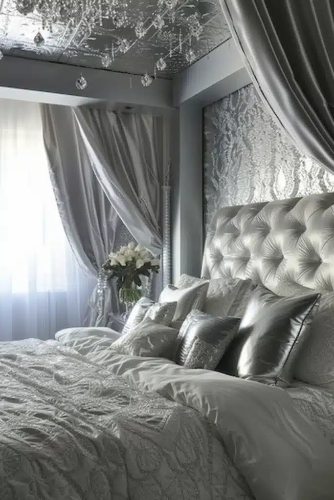 Bedroom with silver accent furniture