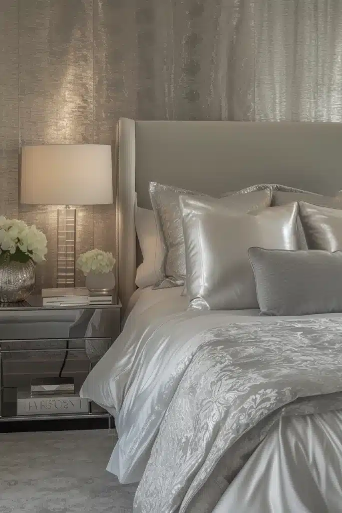 Bedroom with silver and white textiles