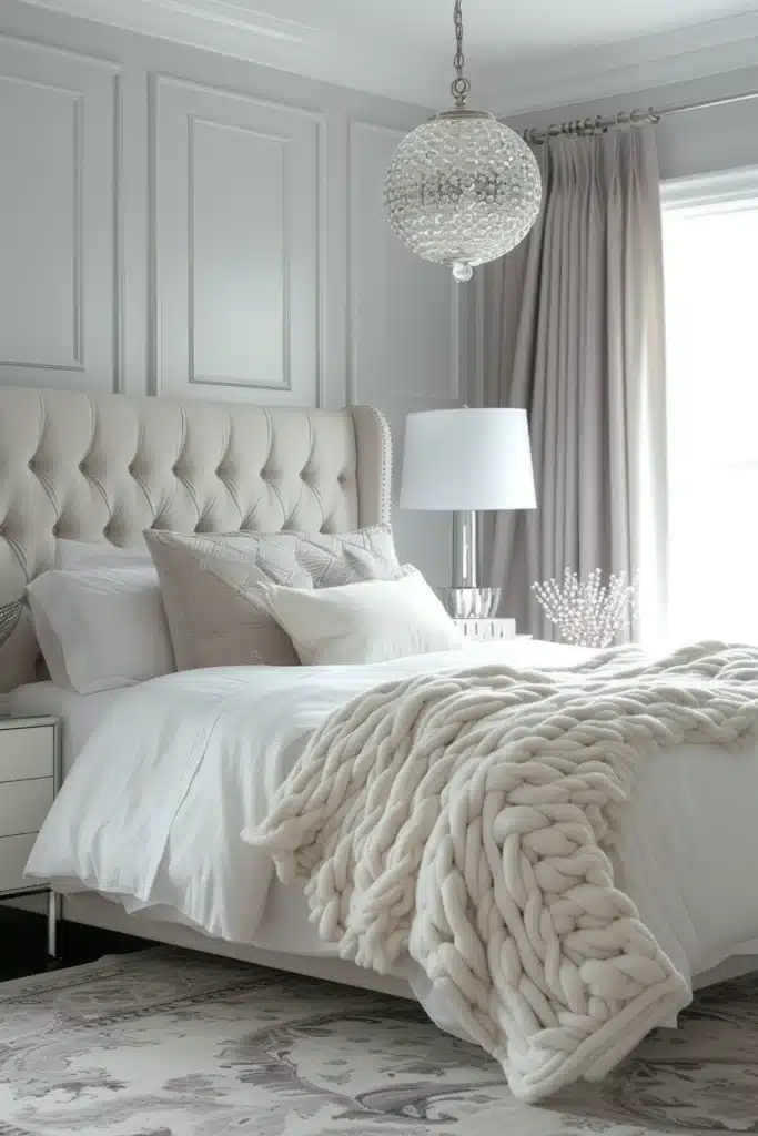 Bedroom with silver light fixtures