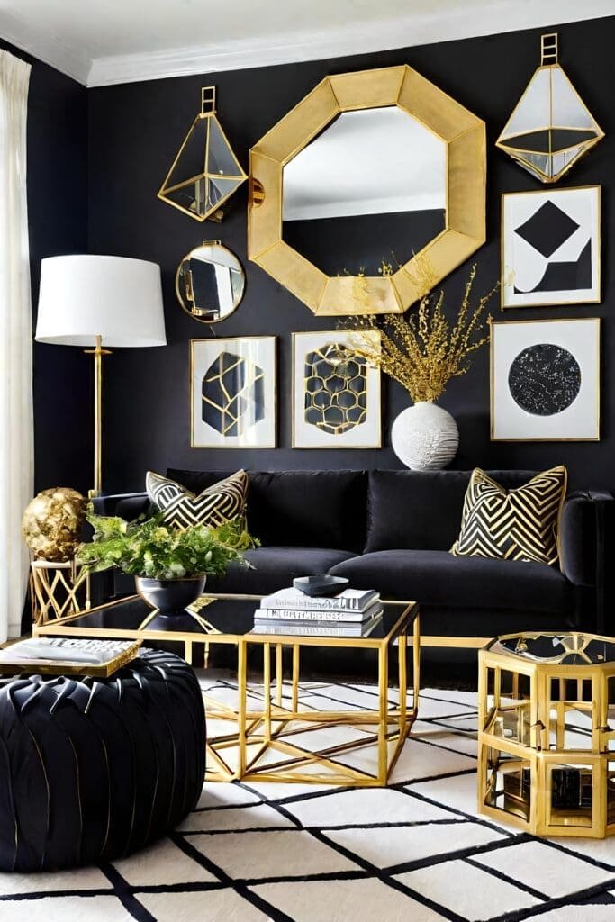 Black and Gold Art Deco Inspired Living Room with Velvet Accents
