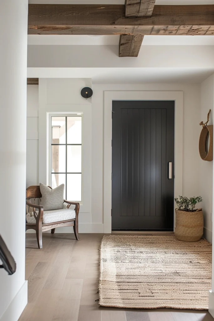 Black interior door, sleek and farmhouse chic with rustic woods