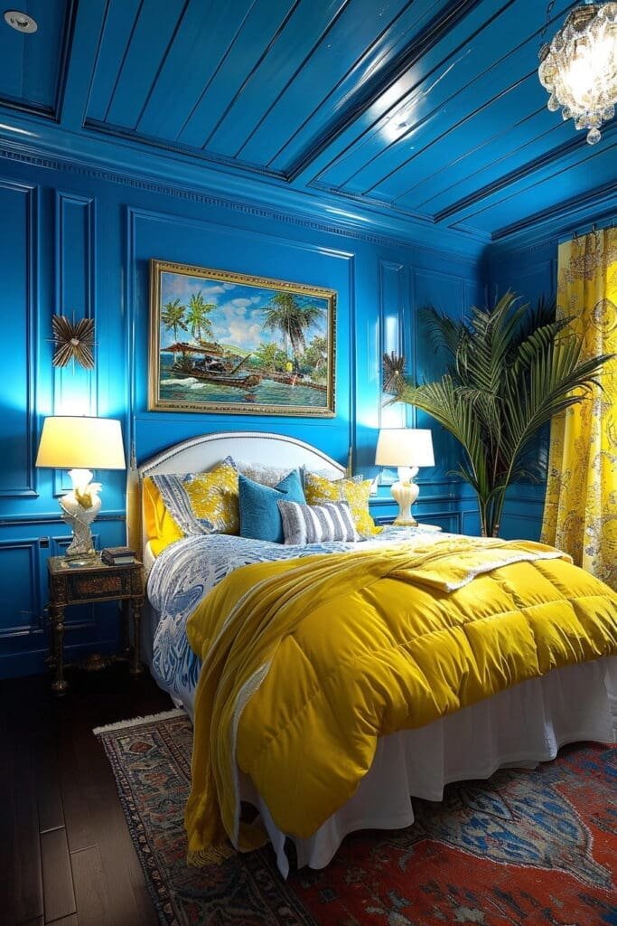 yellow bedroom with Blue Ceilings