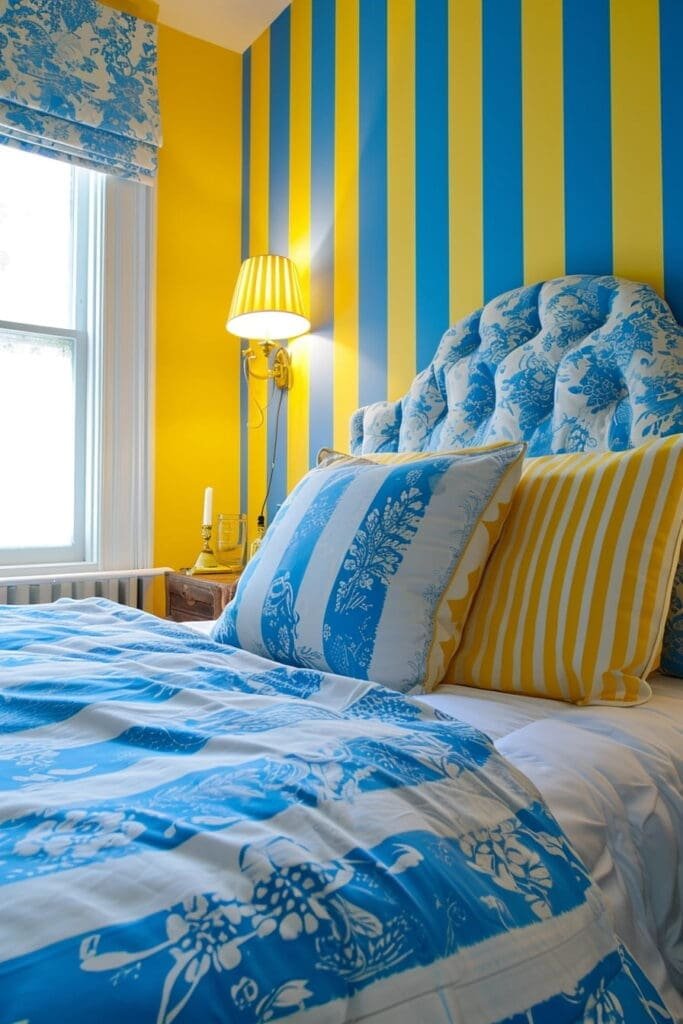 Blue and Yellow Striped Wallpaper in a bedroom
