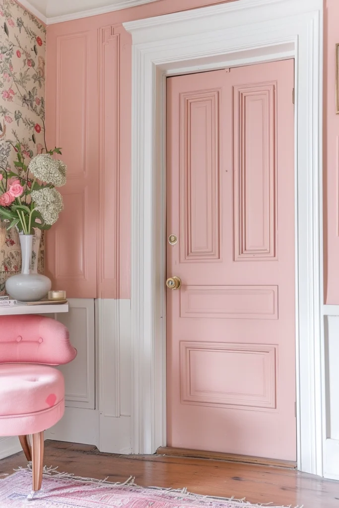 Blush pink interior door adding vintage glam to a girly space