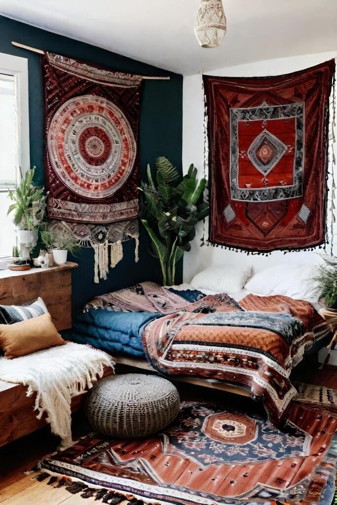 Bohemian Small Shared Bedroom With Tapestry Hangings And Layered Rugs