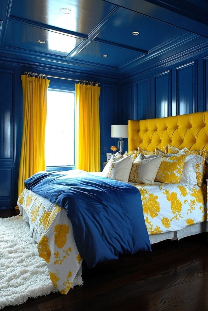 a deep blue wall with sunny yellow accents in a bedroom