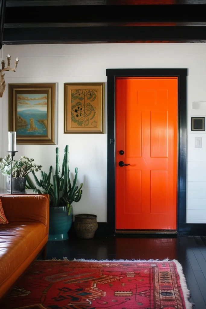 Bold orange interior door, bringing sunset vibes indoors