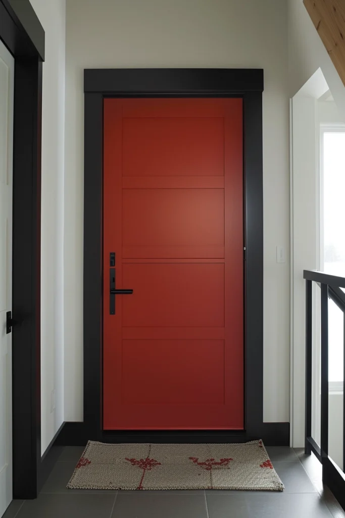 Brick red interior door paired with black and white for a graphic look