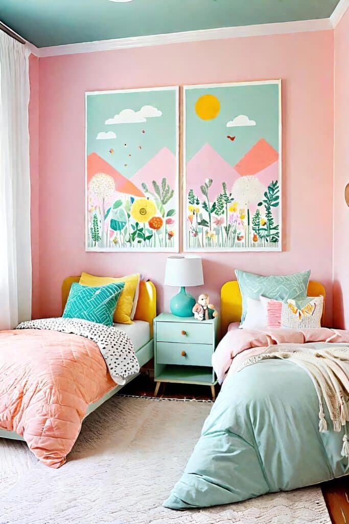 Bright Small Shared Bedroom With Pastel Colors And Whimsical Wall Art