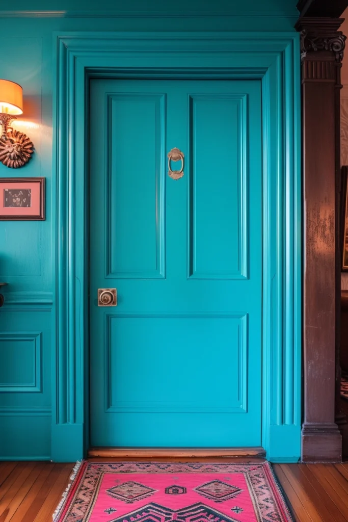 Bright turquoise interior door, bold and fun, statement-making