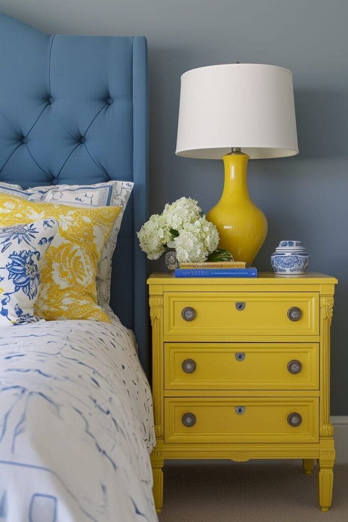 blue bedroom with Canary Yellow Nightstand