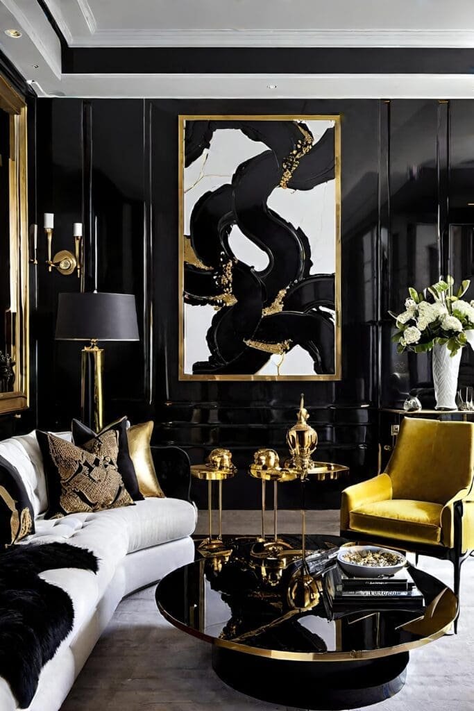 Chic Black and Gold Living Room with High Gloss Surfaces and Dramatic Art