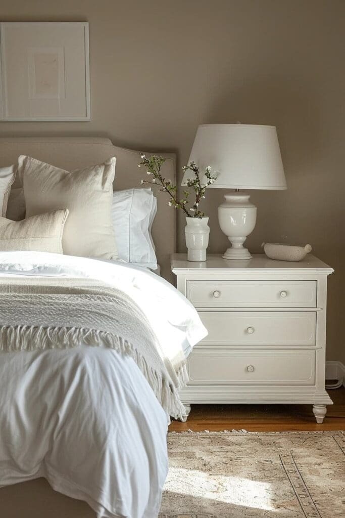 A tan bedroom with a Nightstand