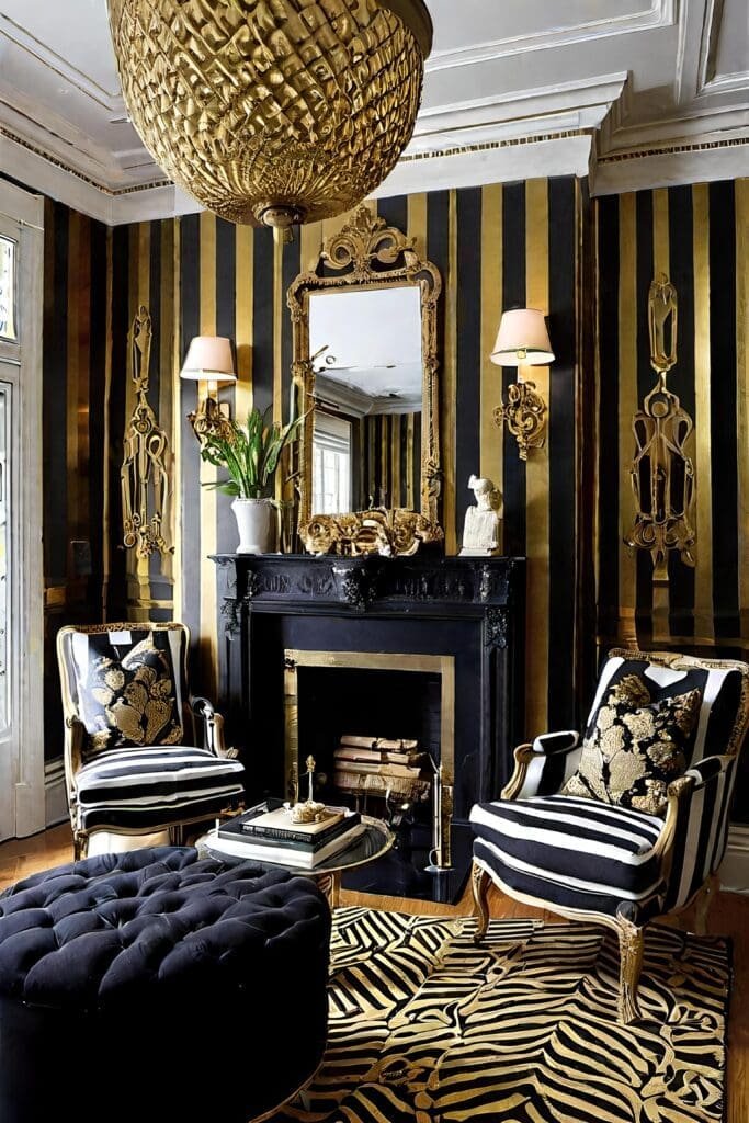 Classic Black and Gold Living Room with Striped Wallpaper and Ornate Details