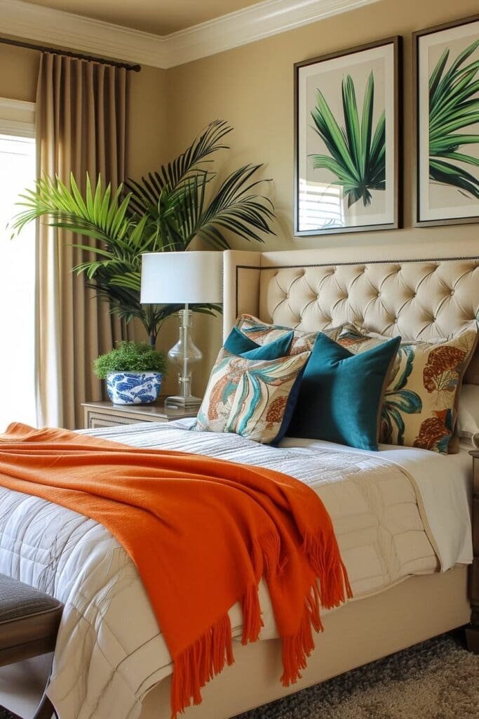 tan bedroom with some Bright Colors