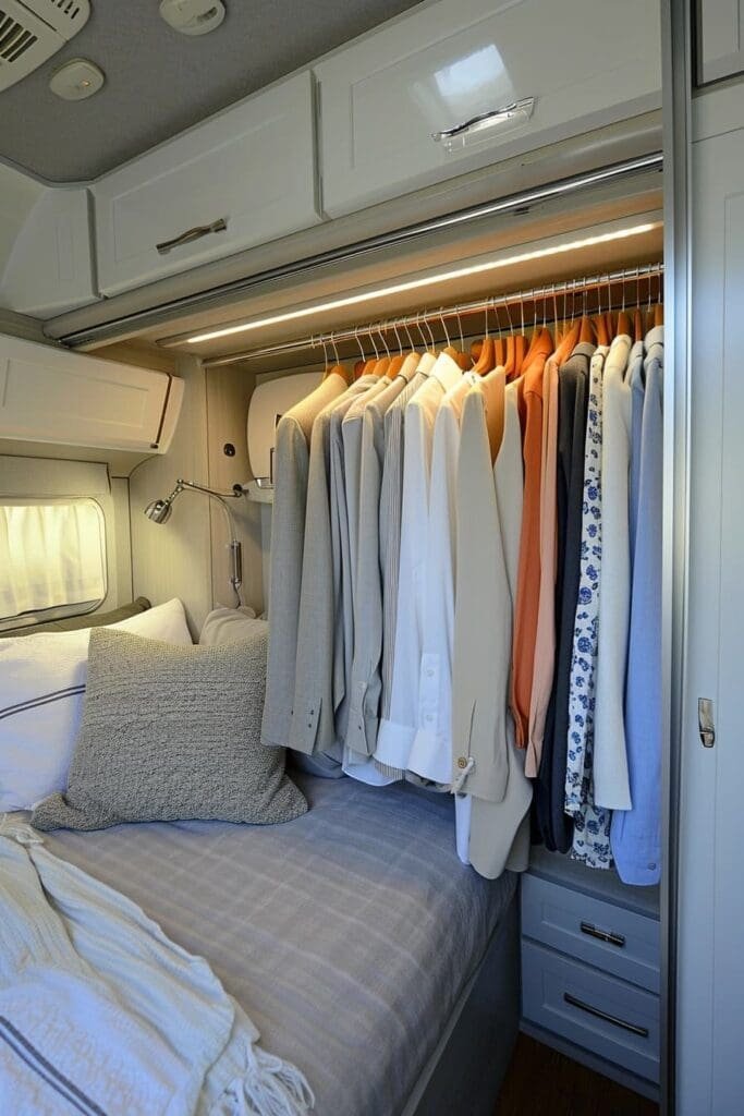 a Hanging Wardrobe in a small RV's bed area