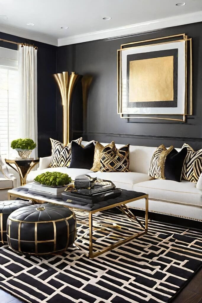 Contemporary Black and Gold Living Room with Abstract Art and Clean Lines