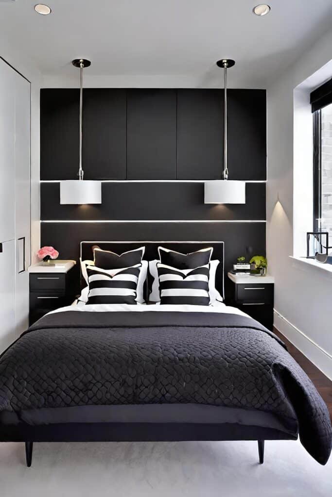 Contemporary Small Shared Bedroom With Sleek Lines And Monochrome Palette